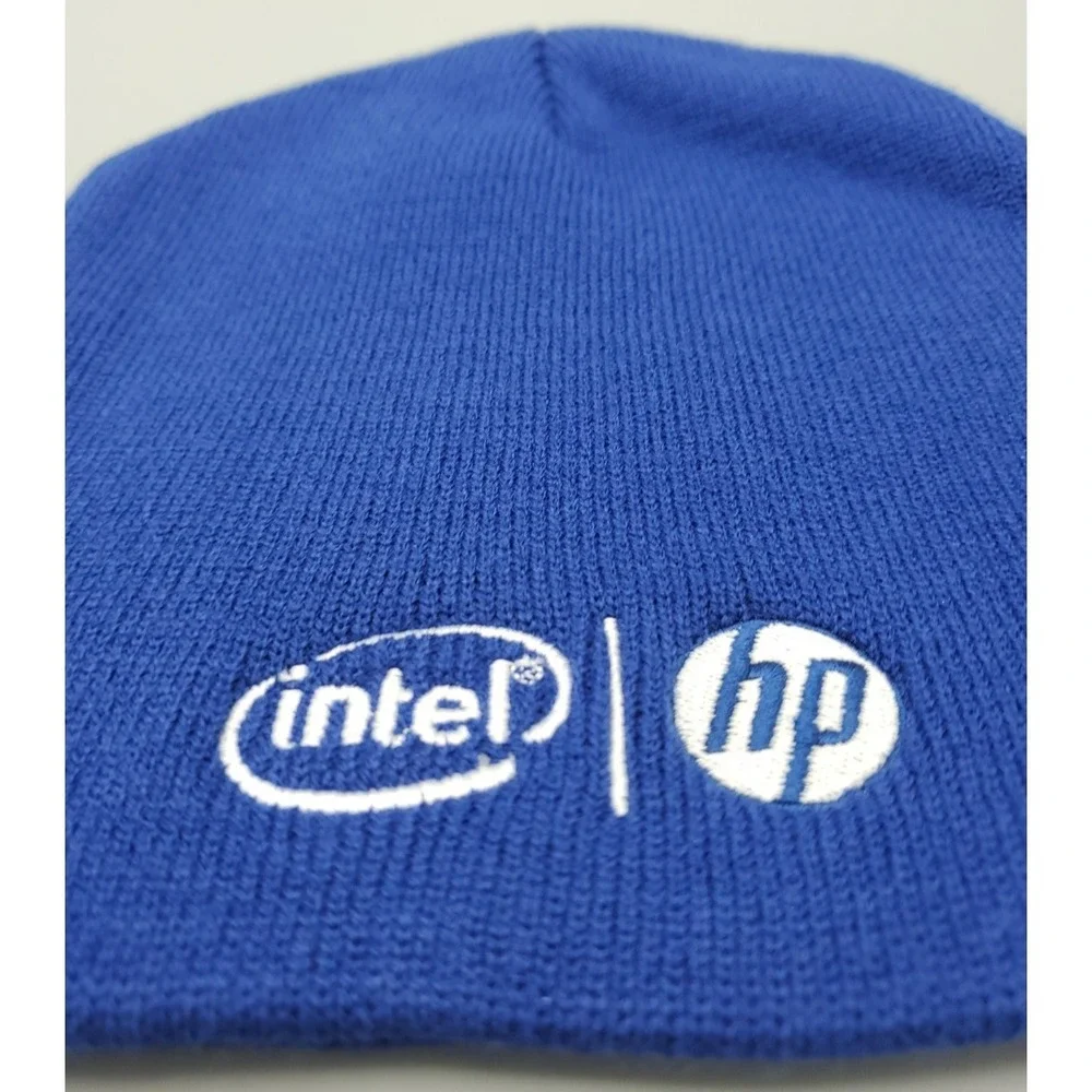 Vintage Intel HP Tech Company Embroidered Blue‎ Beanie Knit Watch Cap Toboggan